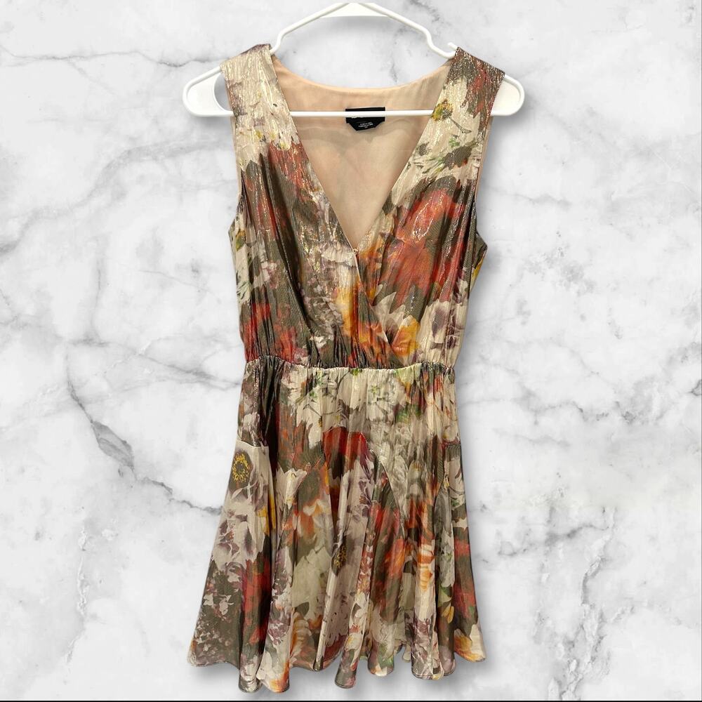 Bebe Y2K Silk Metallic Blend Floral Babydoll Dress Small